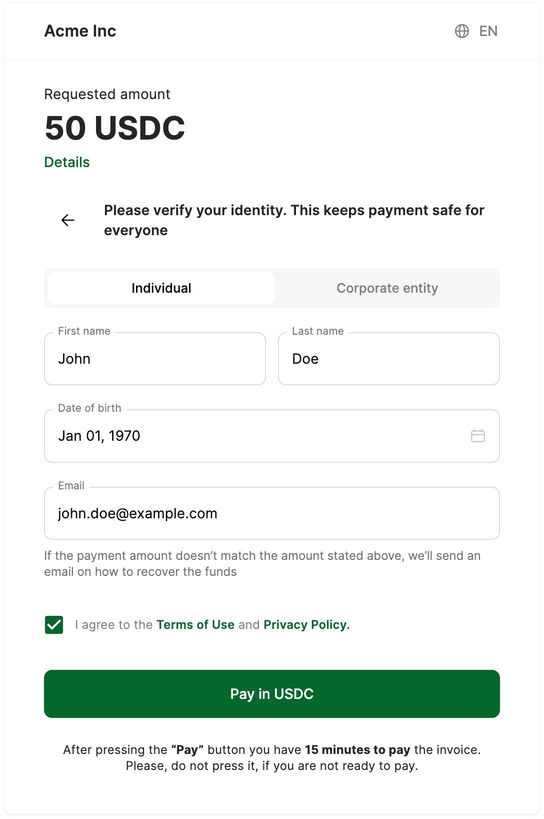 User data form in the invoice interface