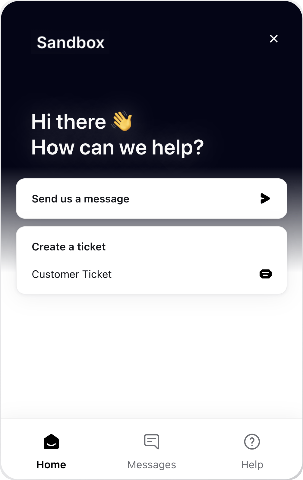 Support widget with Send us a message and Create a ticket options