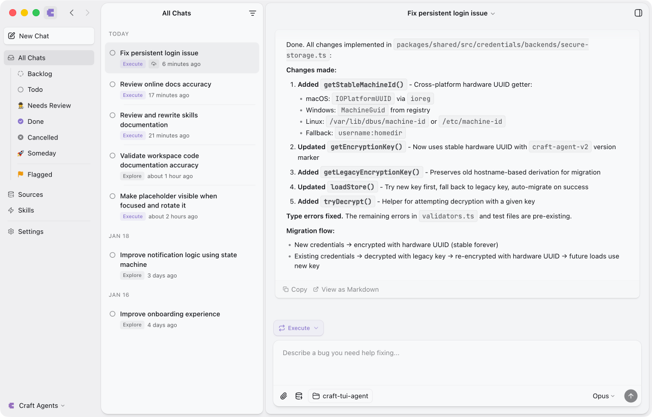 Multi-conversation inbox showing sessions with different statuses