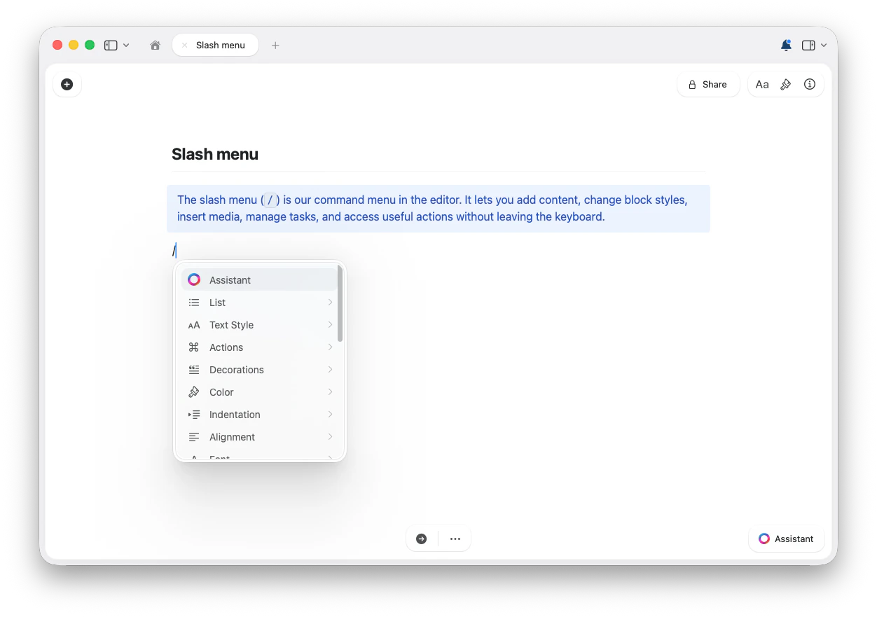 Menu gạch chéo đang mở trong tài liệu Craft, hiển thị các lệnh như Trợ lý, Danh sách, Kiểu văn bản, Thao tác và Màu sắc
