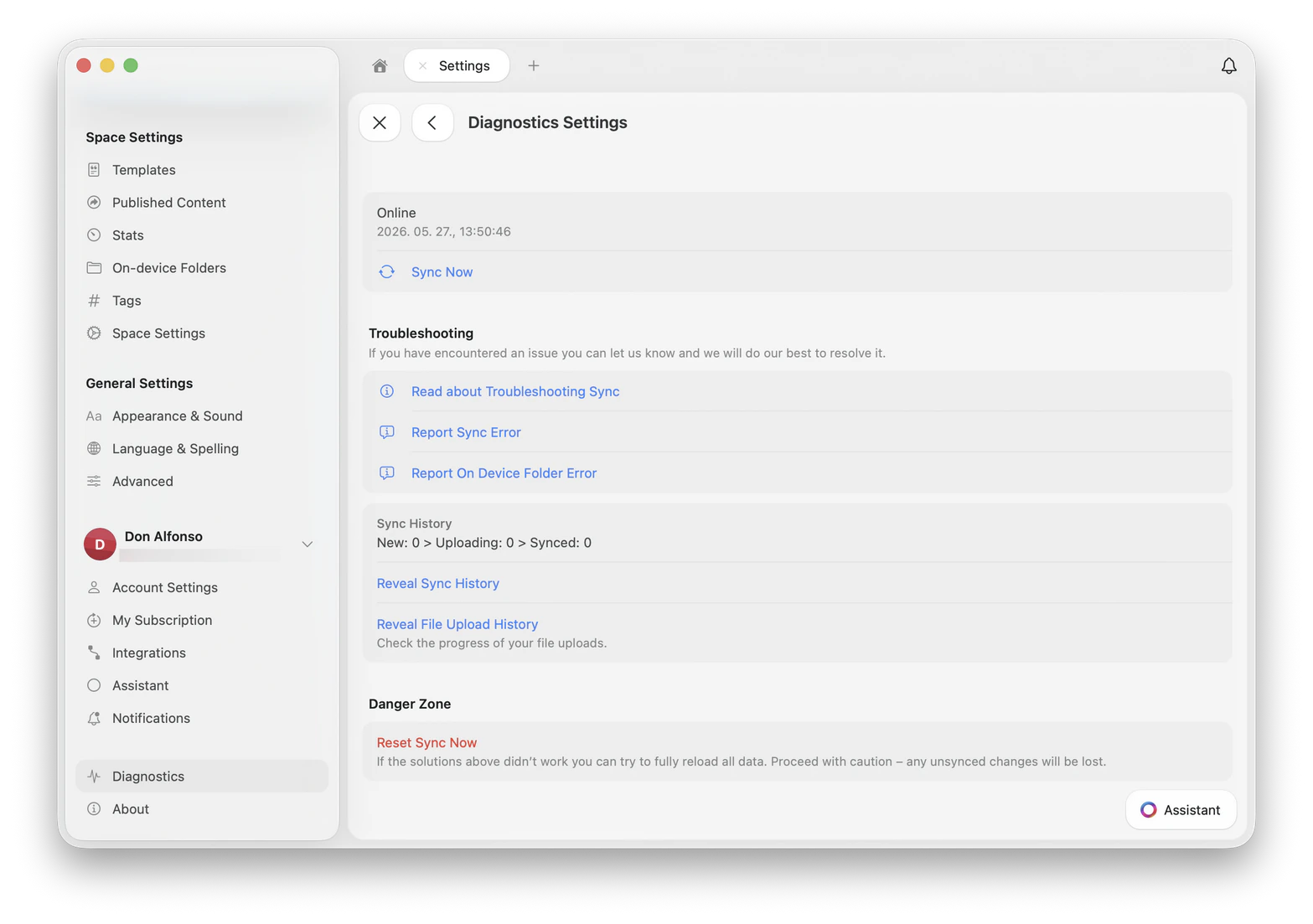 The Diagnostics Settings panel in Craft showing sync status, troubleshooting links, sync history, and the Reset Sync option