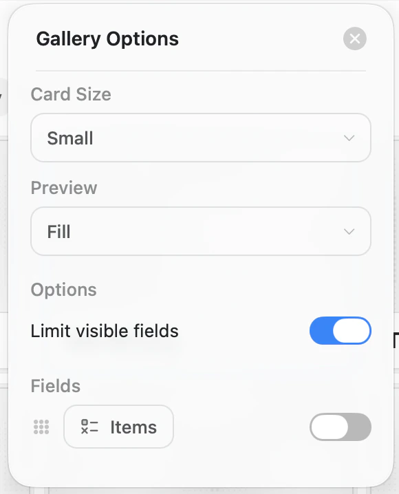 Gallery Options panel