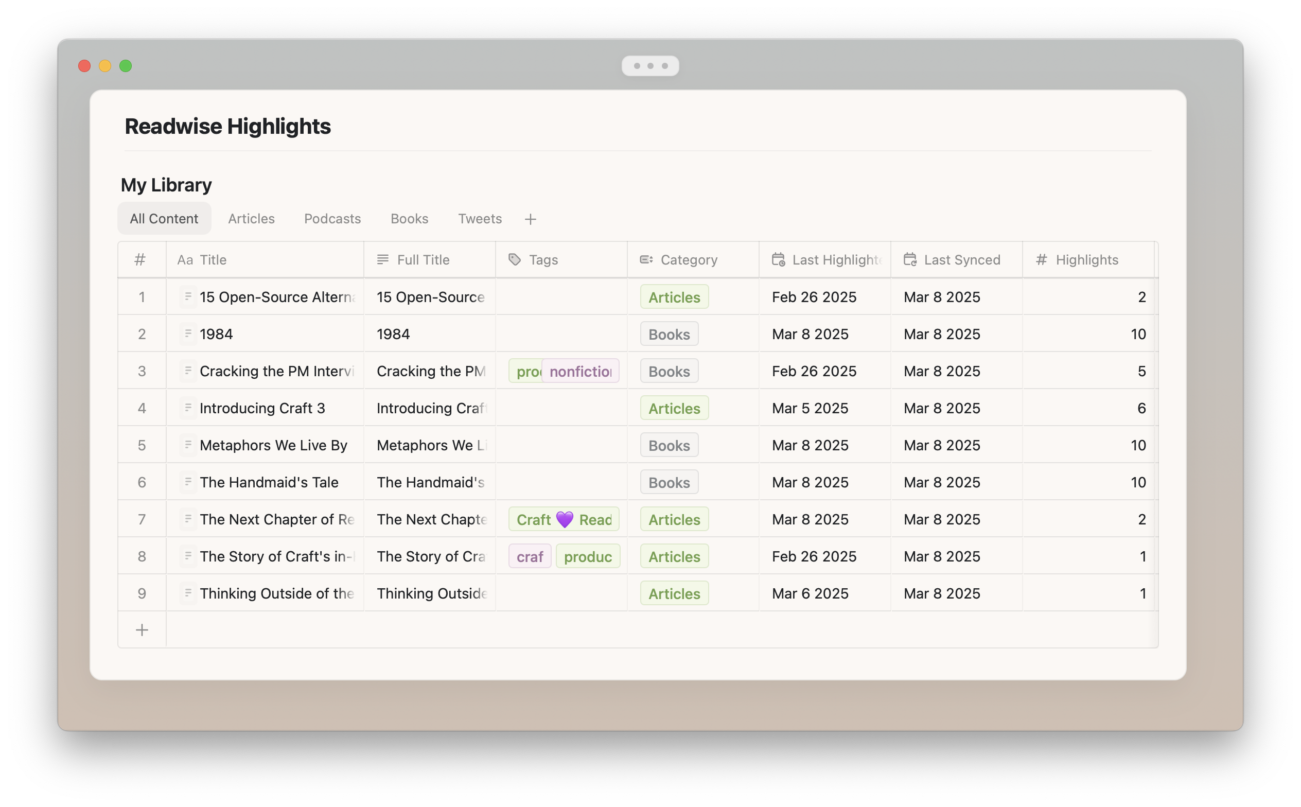 Readwise Highlights document with My Library collection