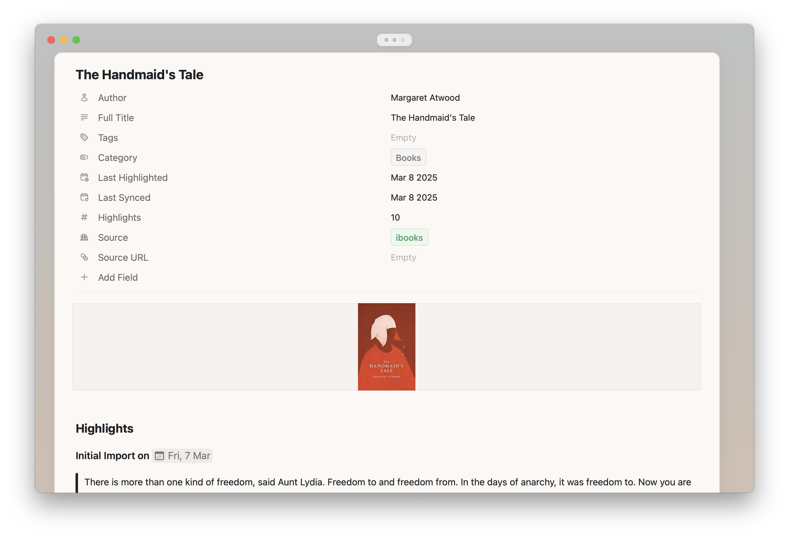 Example of a Readwise page showing highlights and metadata