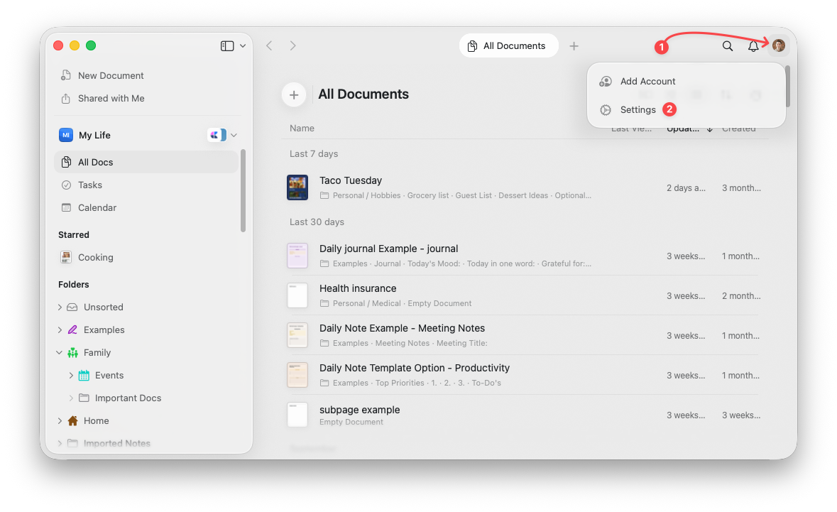 Menu Ustawienia dostępne po kliknięciu zdjęcia profilowego