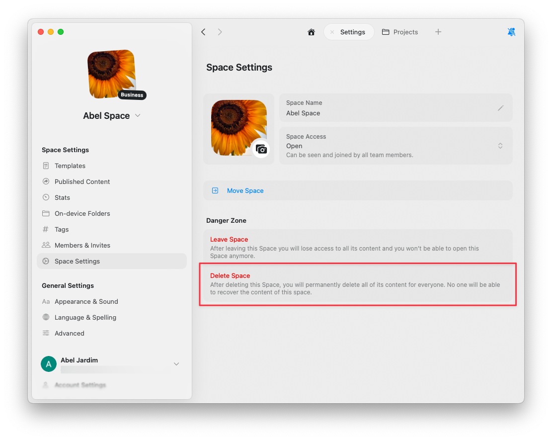 Option 'Delete Space' in den Space Einstellungen