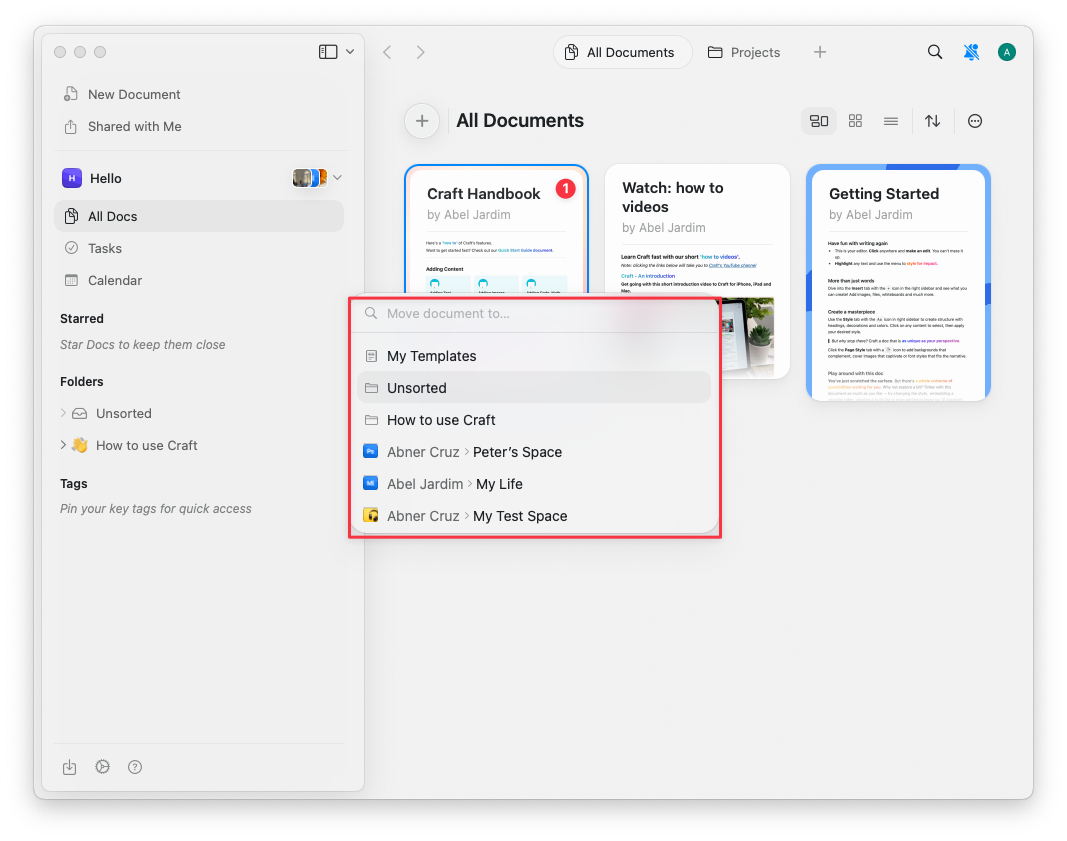 Menü 'Move To' mit verfügbaren Spaces