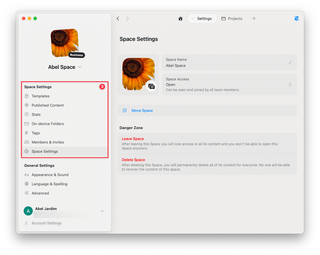 Space‑Einstellungen mit verschiedenen Konfigurationsoptionen