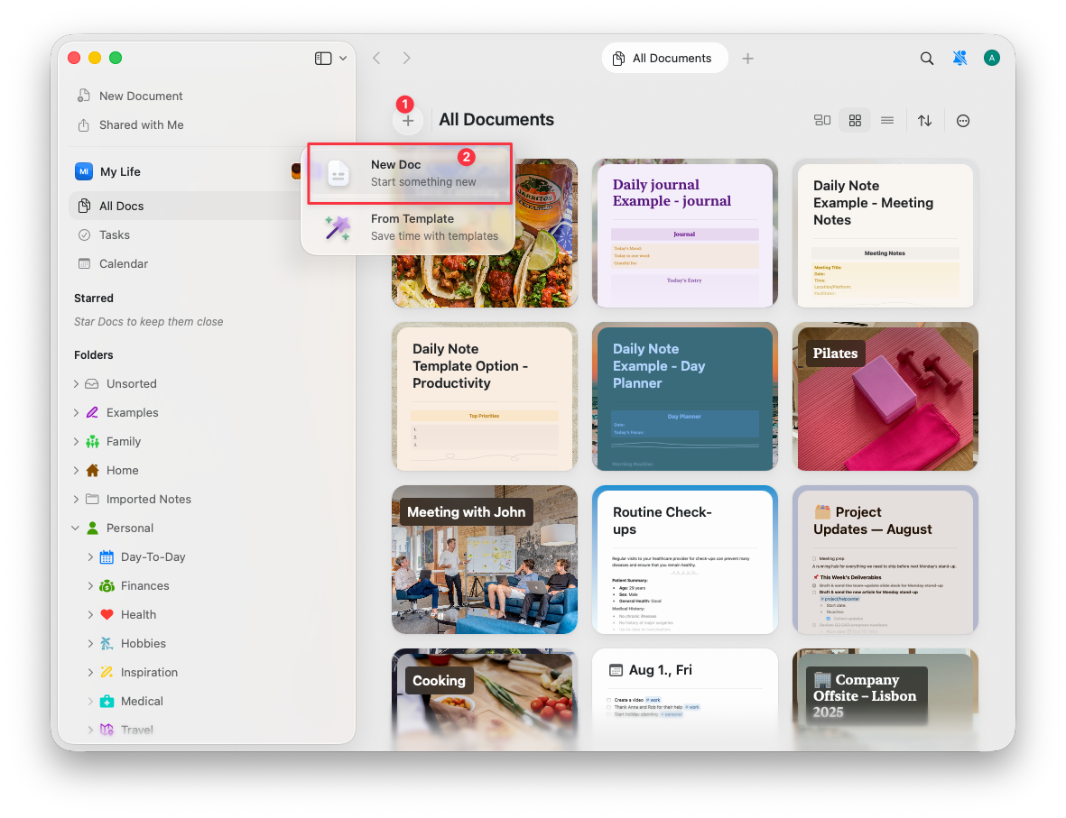 New document options in macOS interface