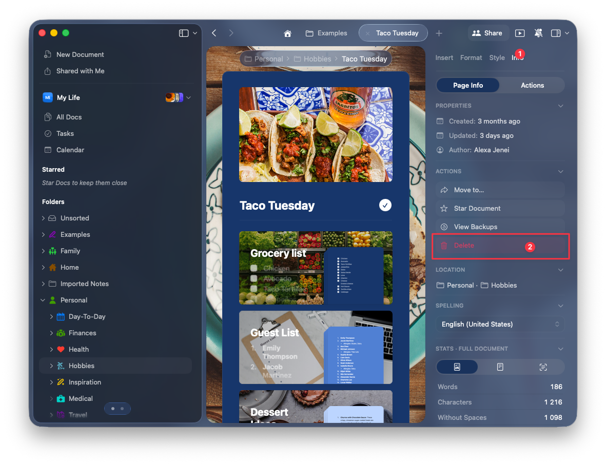 Delete button in document info panel