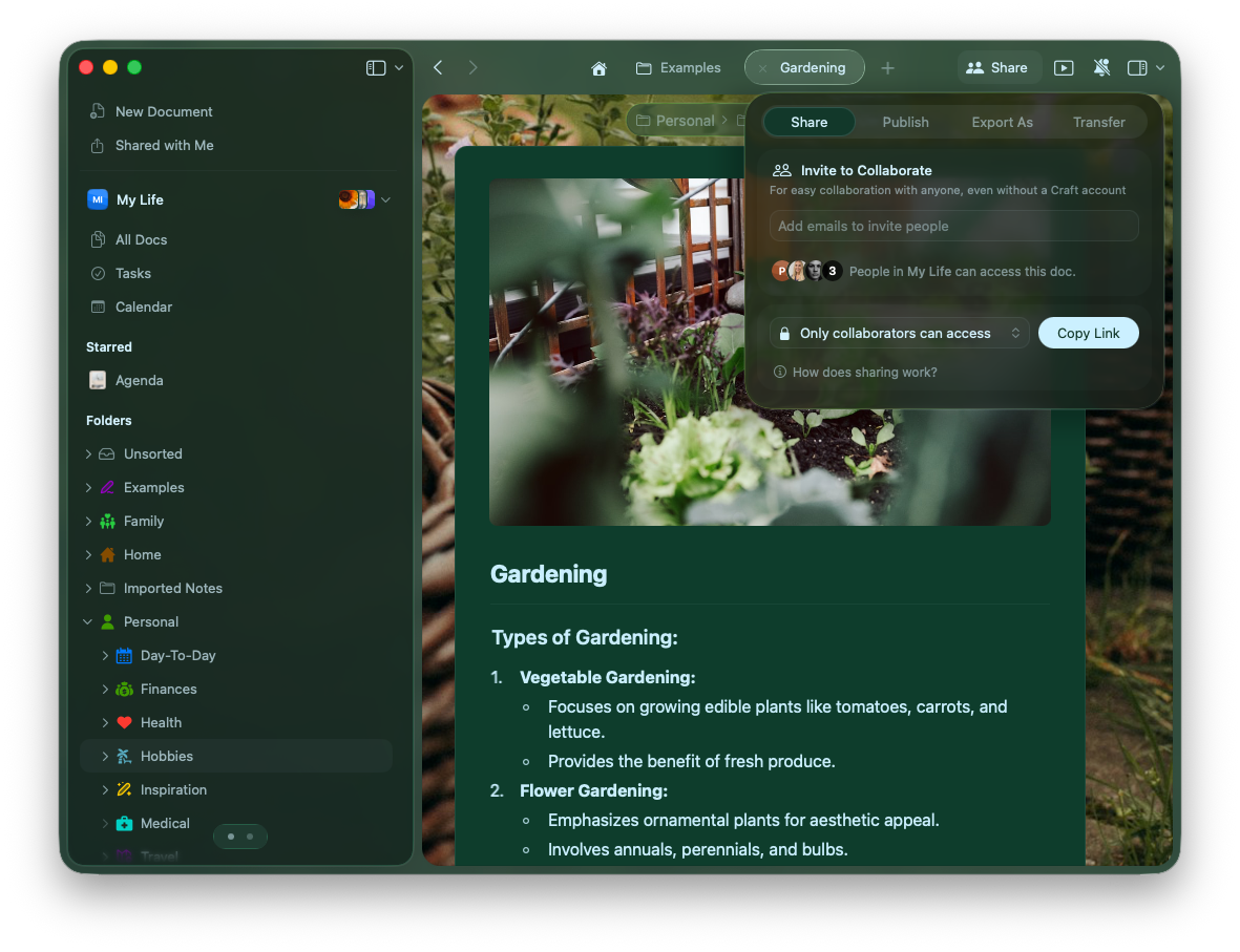 Share button and sharing options panel