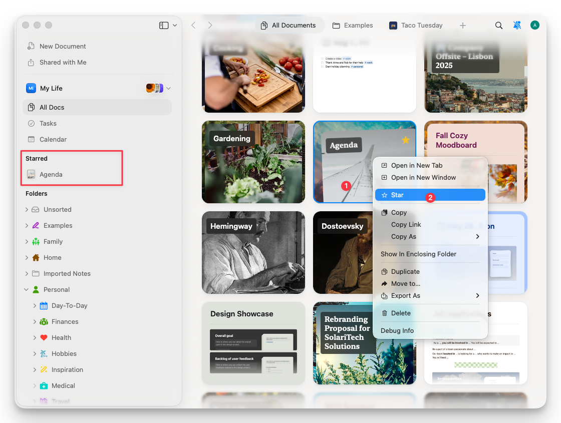 Star option in context menu