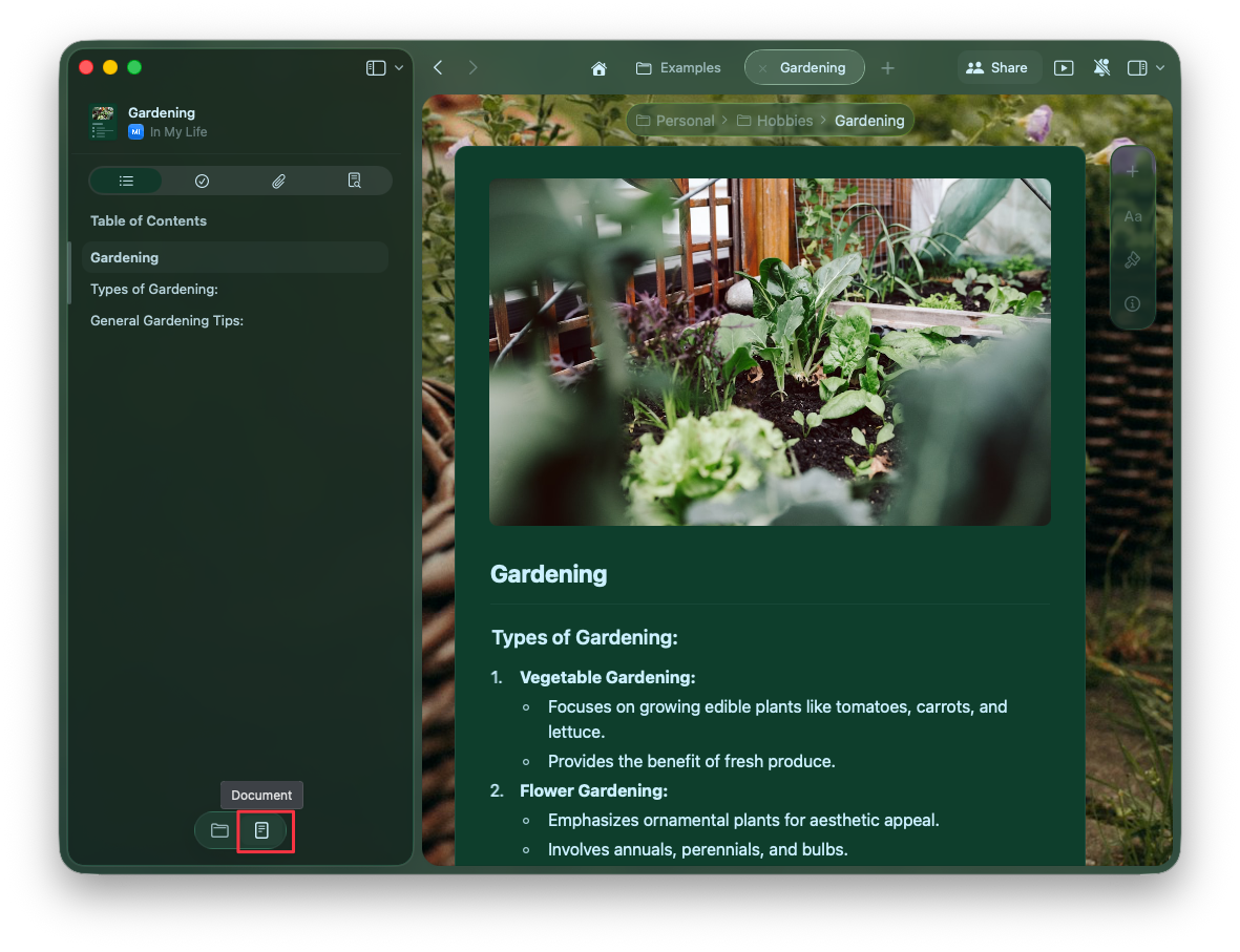 Sidebar showing table of contents and folder views