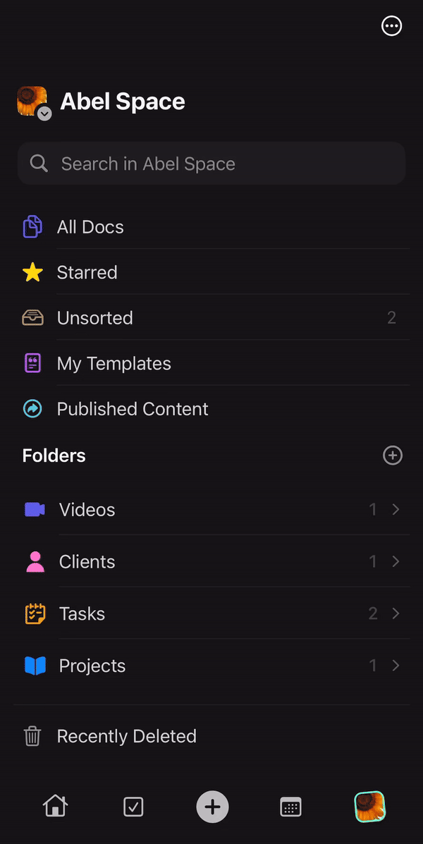 Quick Actions menu with document, task, and daily note options