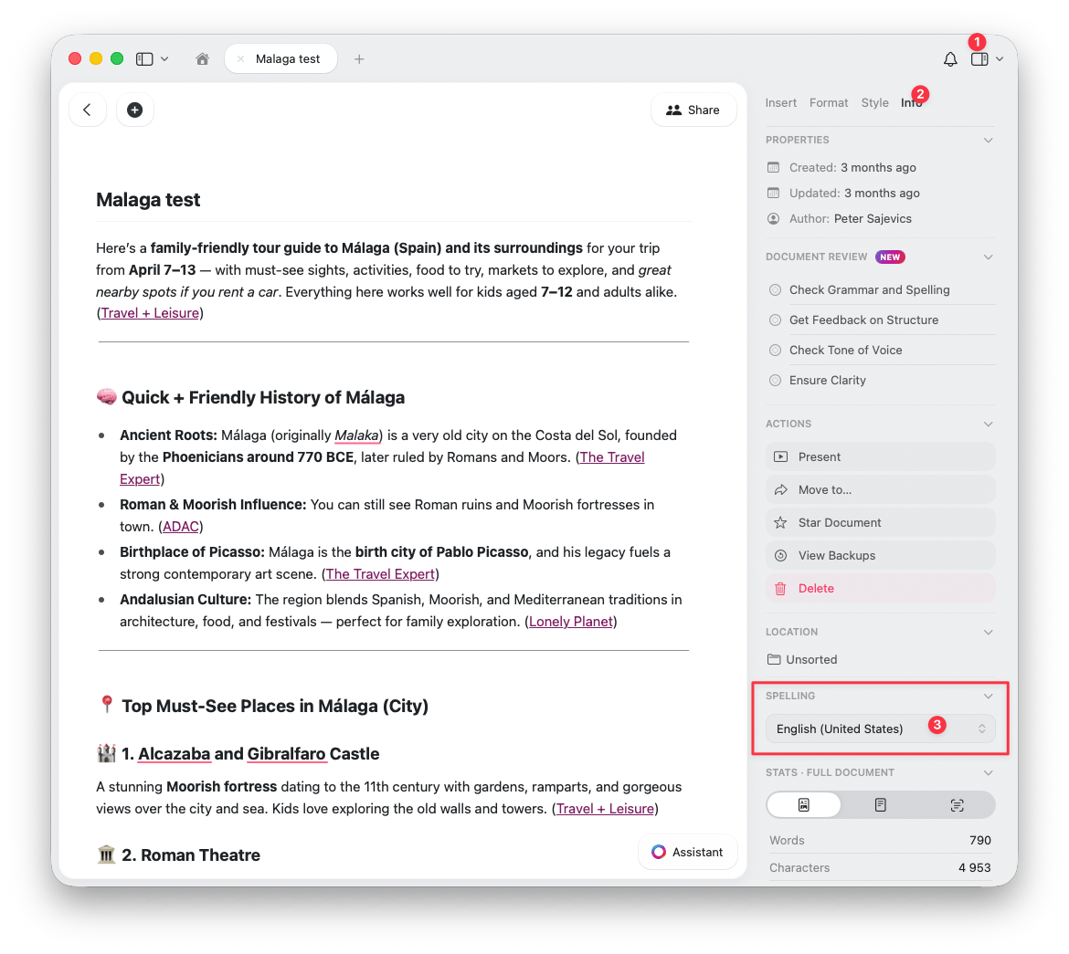 Document spell check settings in the Info sidebar