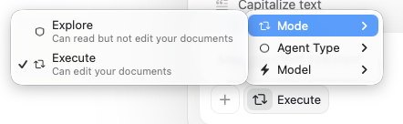 Mode selector showing Explore and Execute options