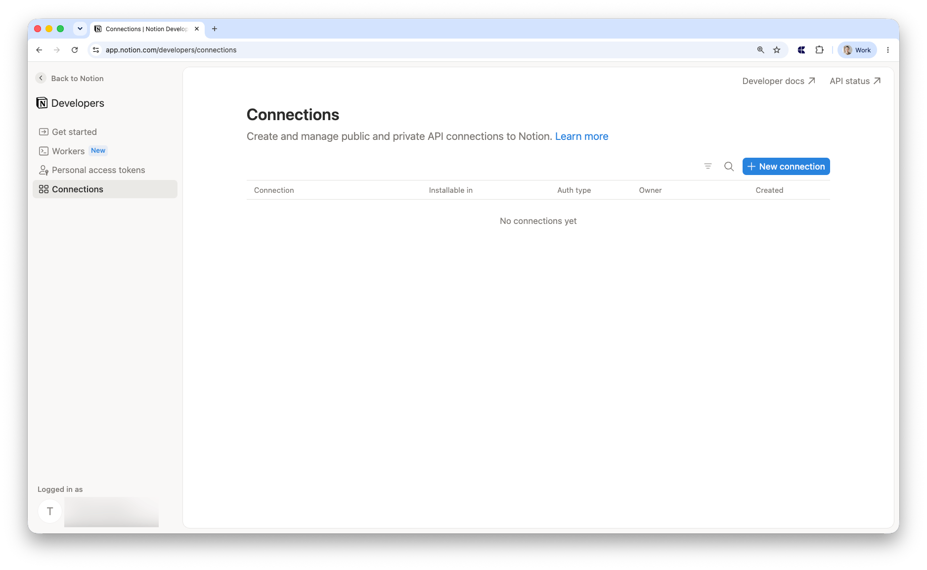 Notion Connections page with New connection button