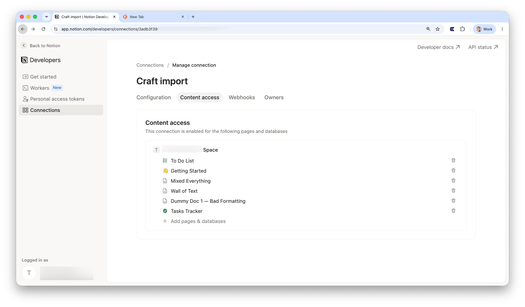 Notion Content access tab with pages and databases selected