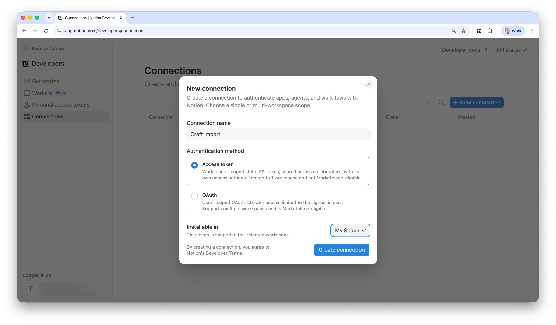 Notion New connection dialog with Access token selected