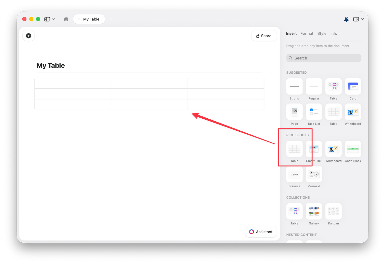 Ajout d'un tableau en utilisant le Insert panel sur macOS