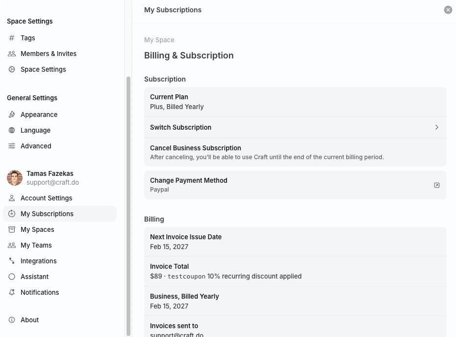 Billing & Subscription view showing Subscription and Billing sections