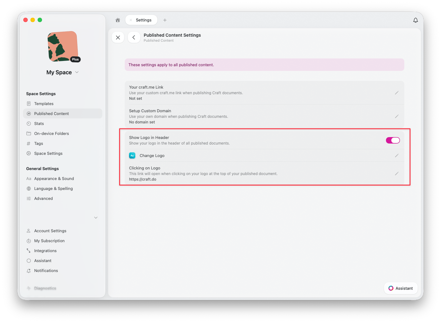 Published Content Settings with Show Logo in Header toggle, Change Logo option, and logo link
