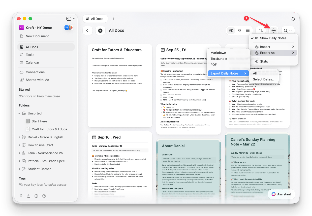 Export Daily Notes im Drei-Punkte-Menü von All Docs