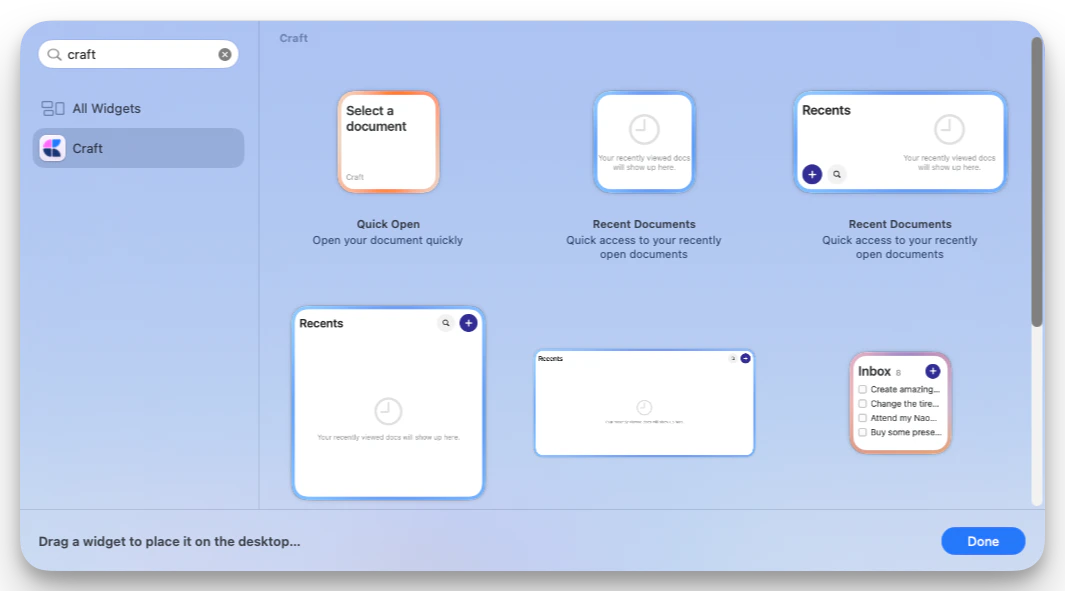 Tiện ích Craft trong thư viện tiện ích macOS