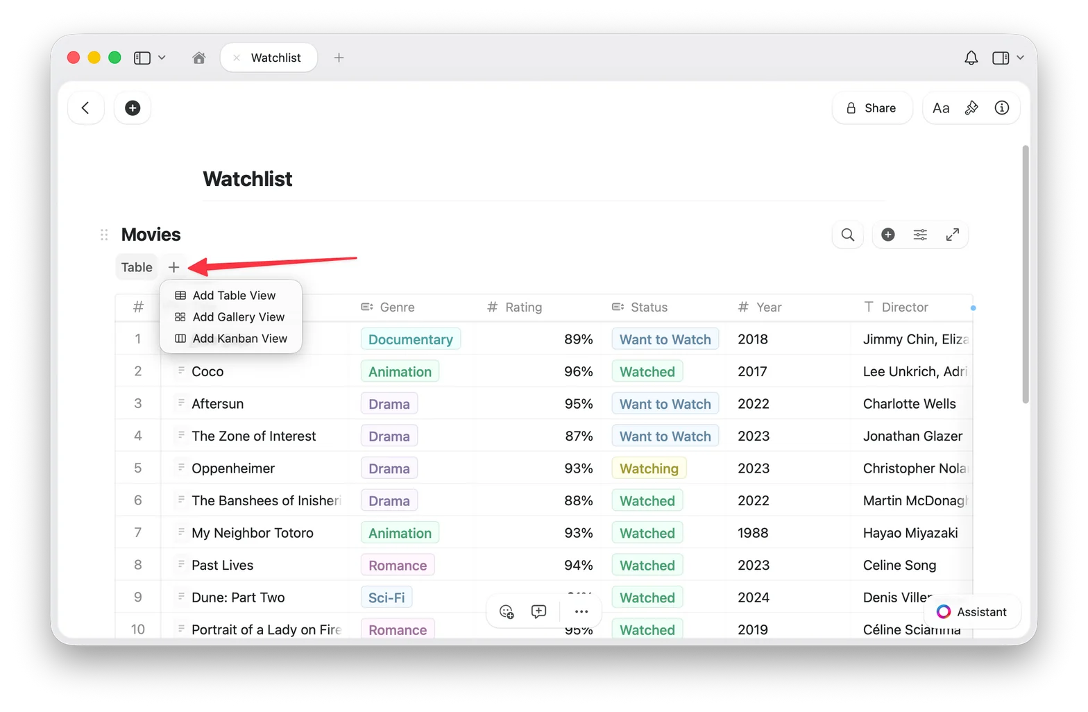 View menu showing Add Table View, Add Gallery View, and Add Kanban View options