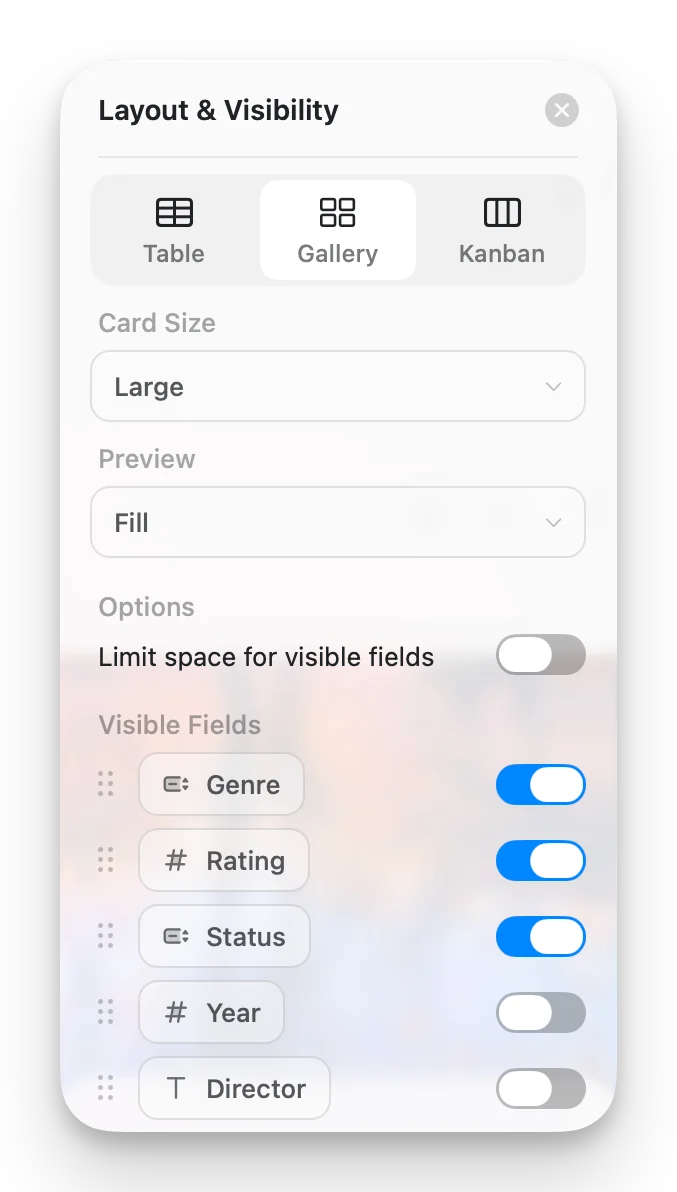 Gallery Options panel