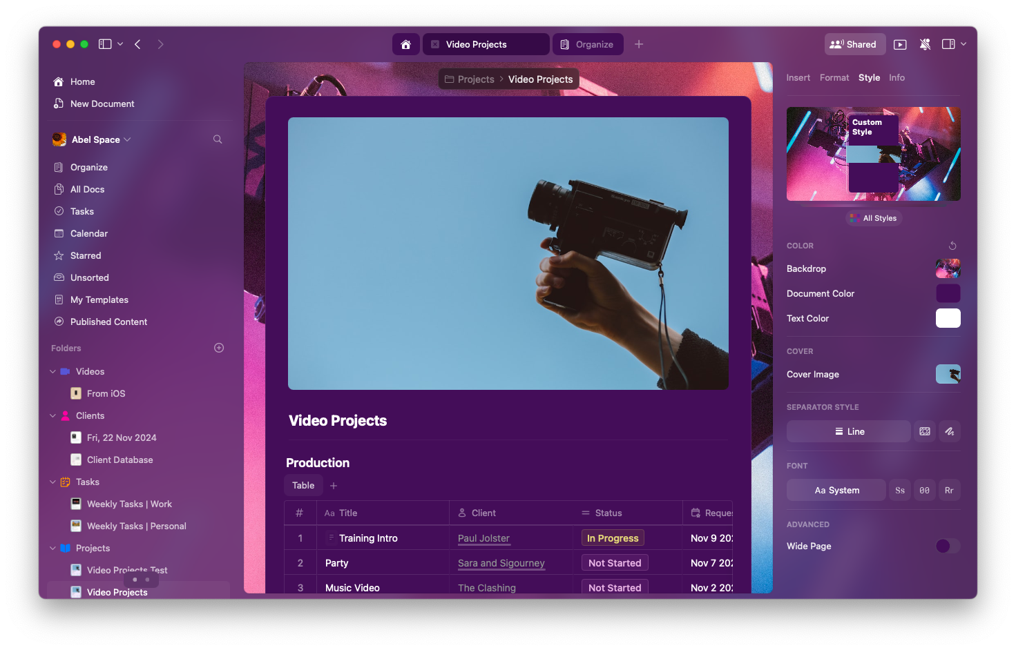 App with document colors applied to interface