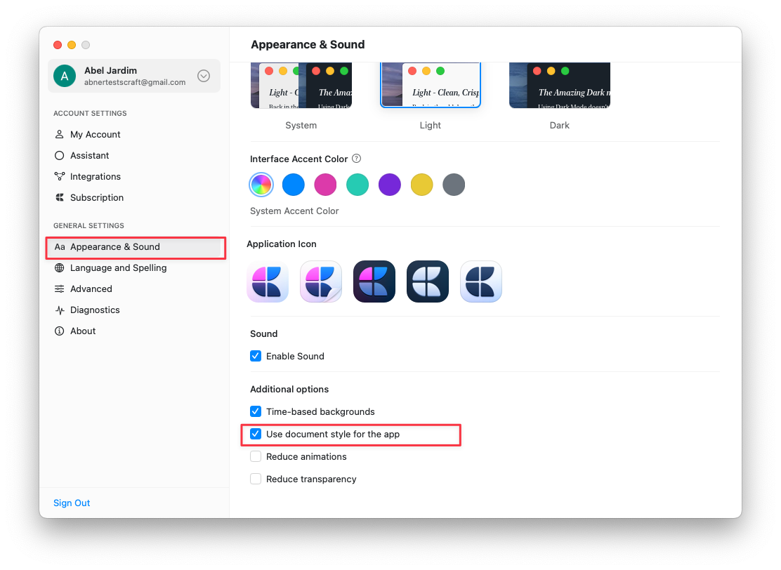App Style toggle in settings