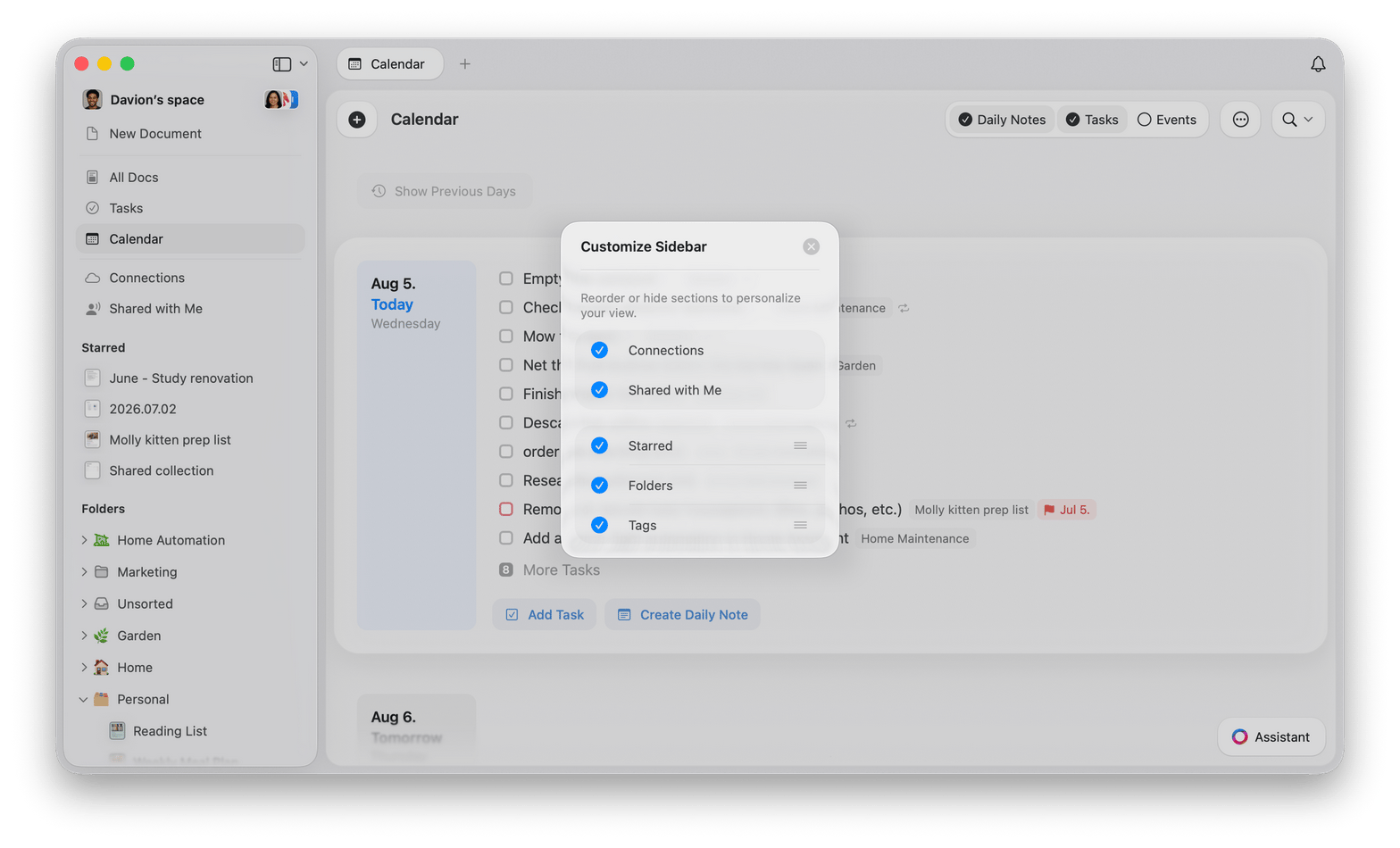 The Customize Sidebar popup with toggles to hide sections and drag handles to reorder them