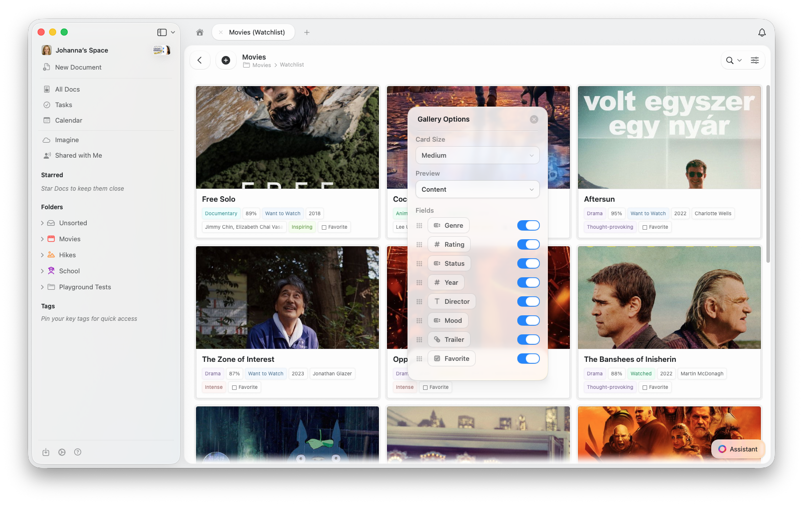 Gallery Options panel
