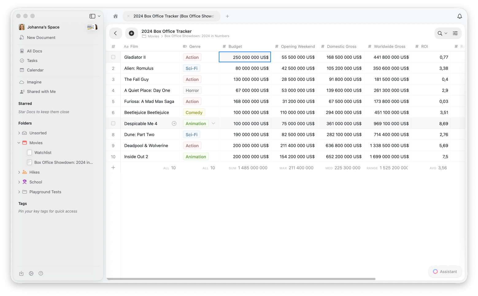Calculations row showing sum and count values