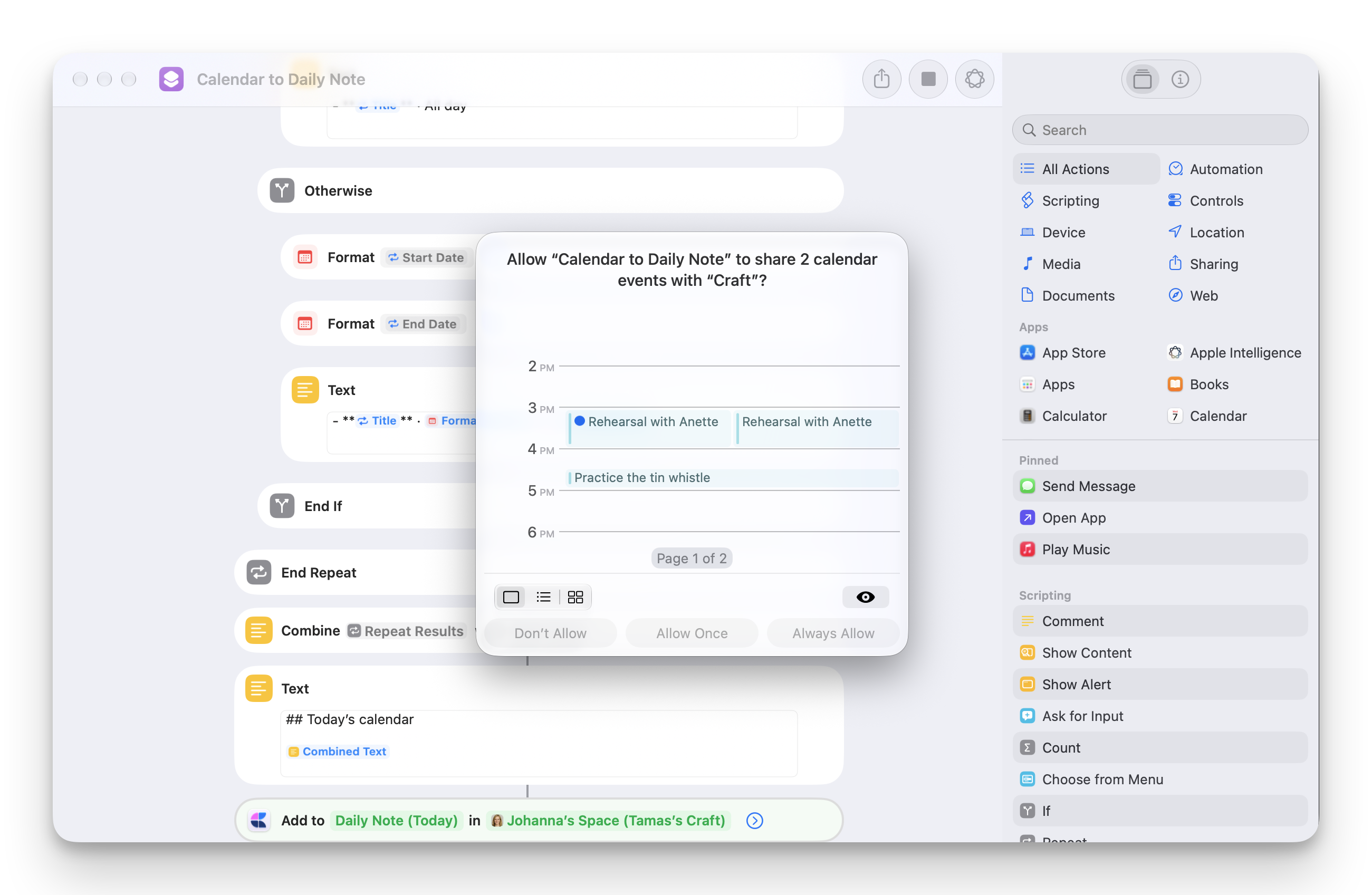 Shortcuts asking permission to share two calendar events with Craft on the first run