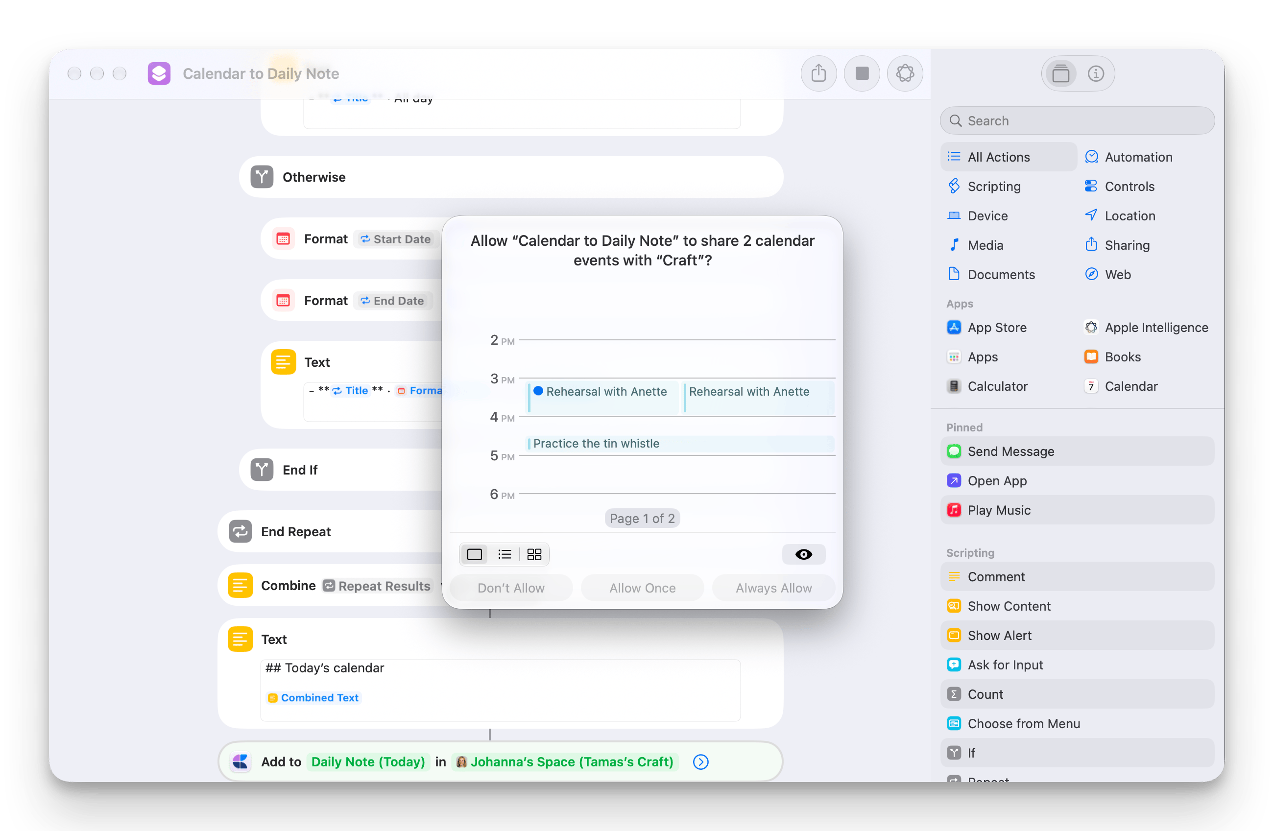 Shortcuts asking permission to share two calendar events with Craft on the first run