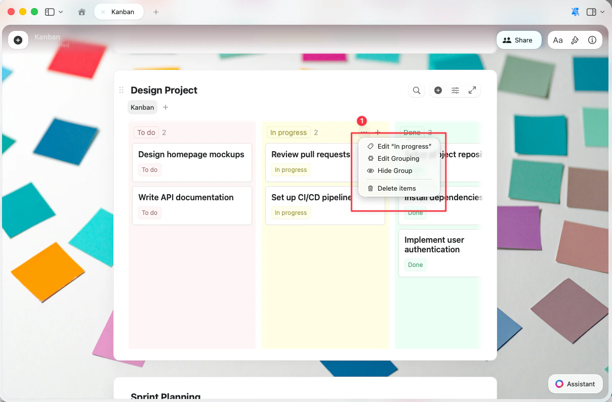 Column context menu showing Edit, Edit Grouping, Hide Group, and Delete items
