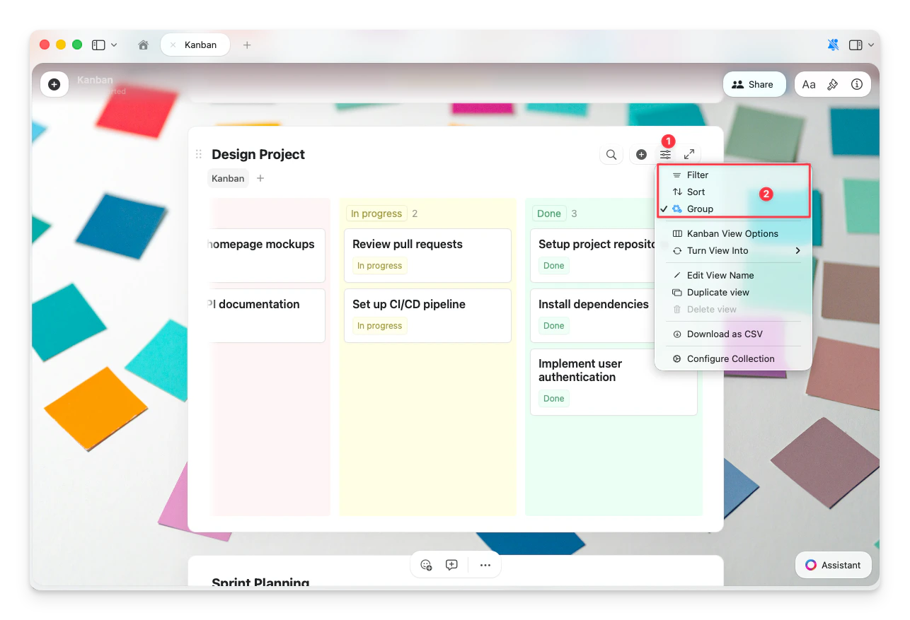 Configure button menu showing Filter, Sort, Group, and other options