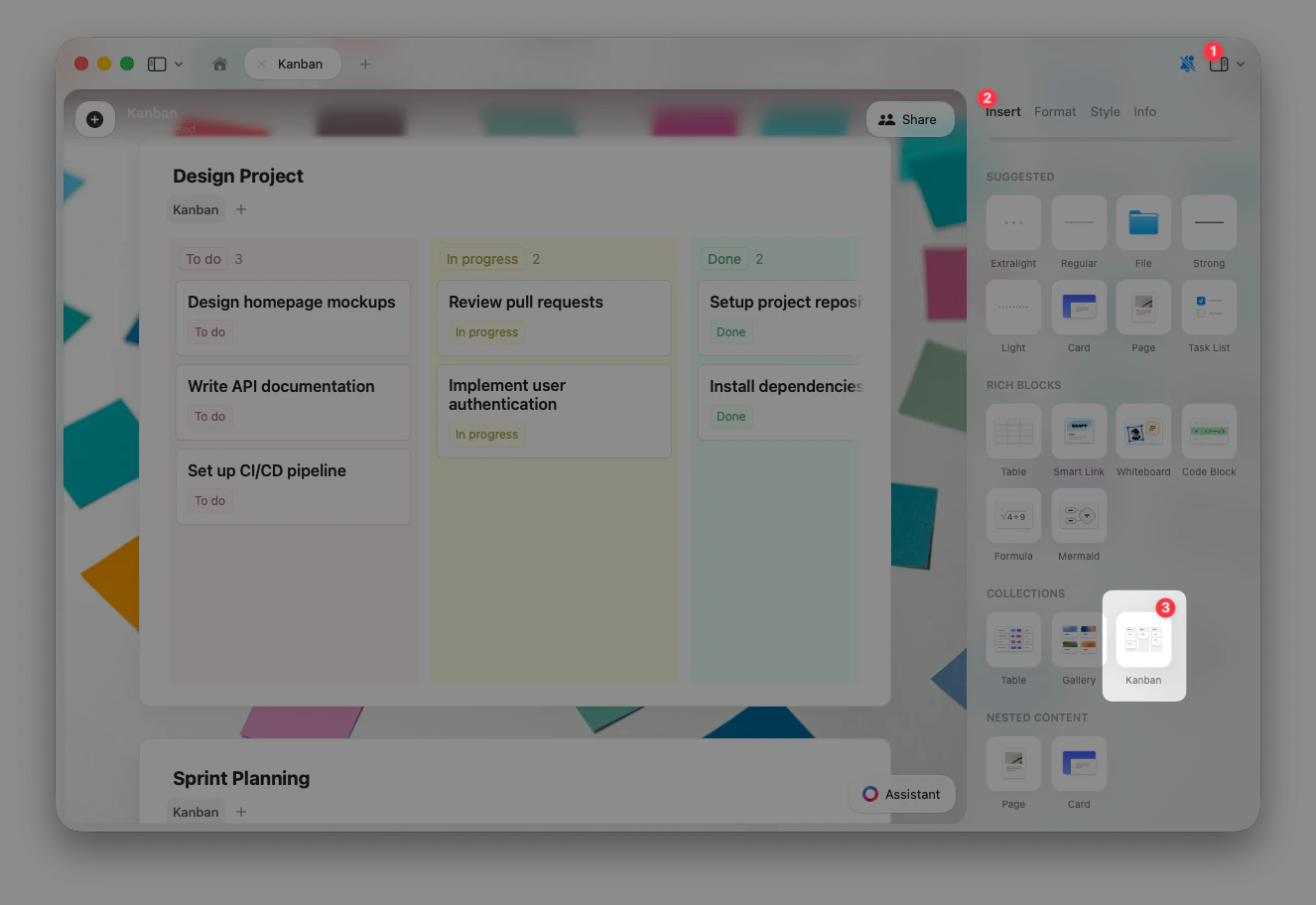 Insert panel showing Kanban option under Collections