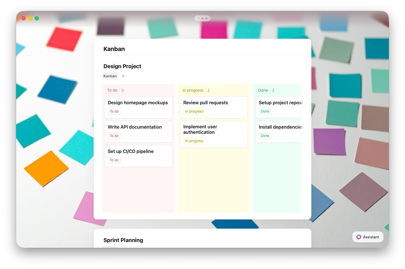 Kanban board with To do, In progress, and Done columns showing project cards