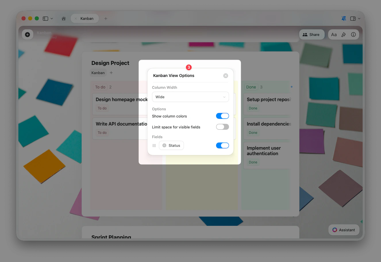 Kanban View Options panel with Column Width, Show column colors, Limit space for visible fields, and Fields settings