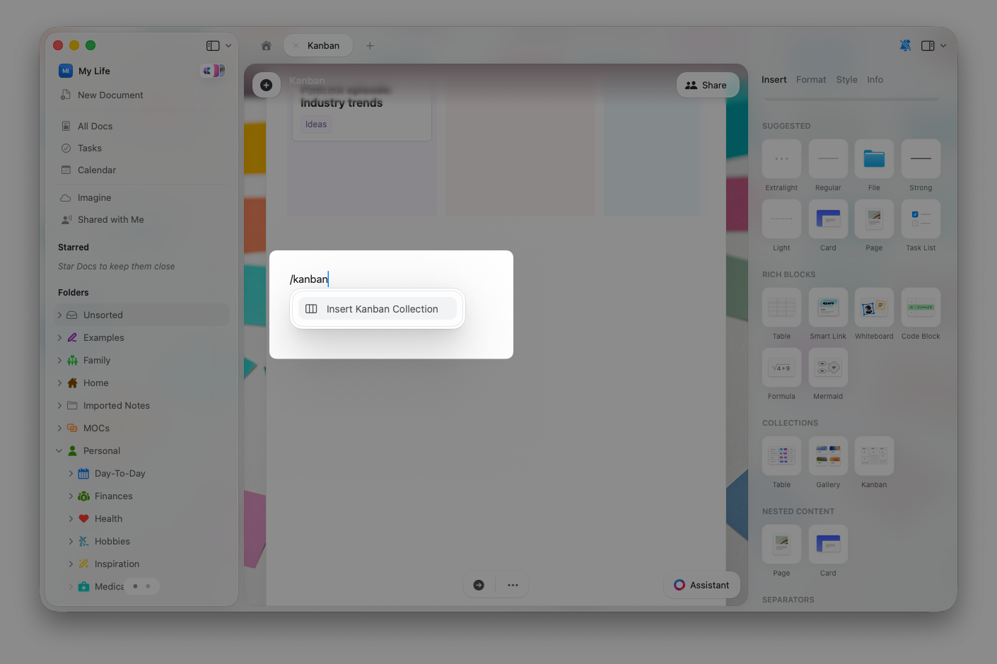 Slash command menu showing Insert Kanban Collection option