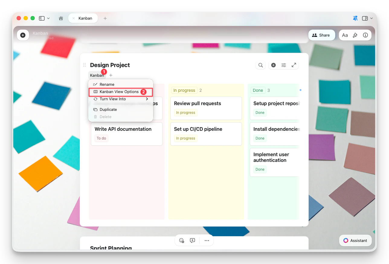 View name menu showing Kanban View Options