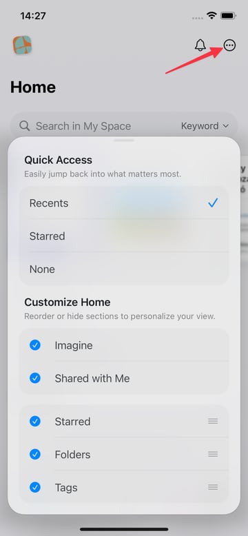The Customize Home menu on iOS with section toggles, drag handles, and Quick Access options