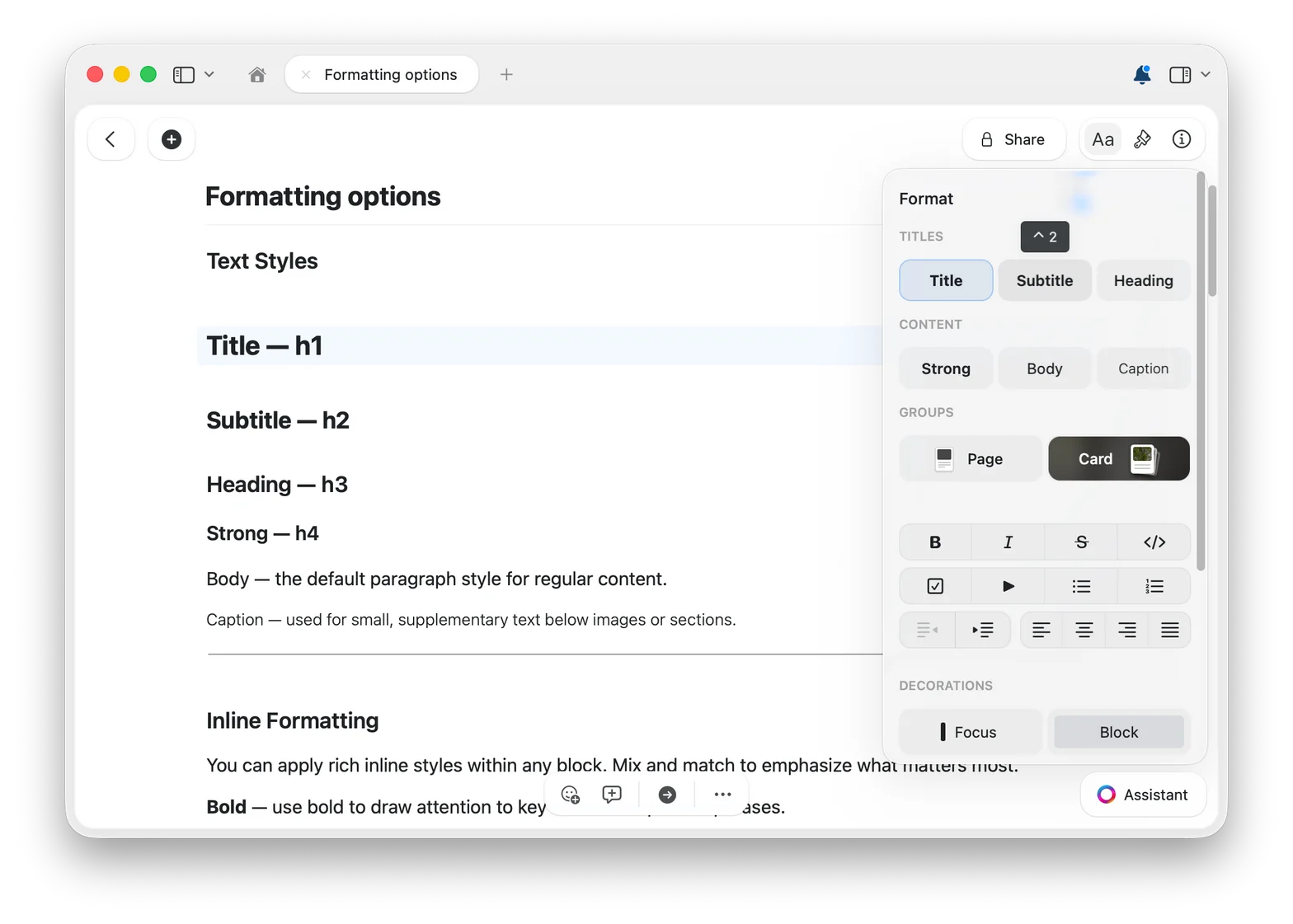 Format panel showing title, content, and block styles