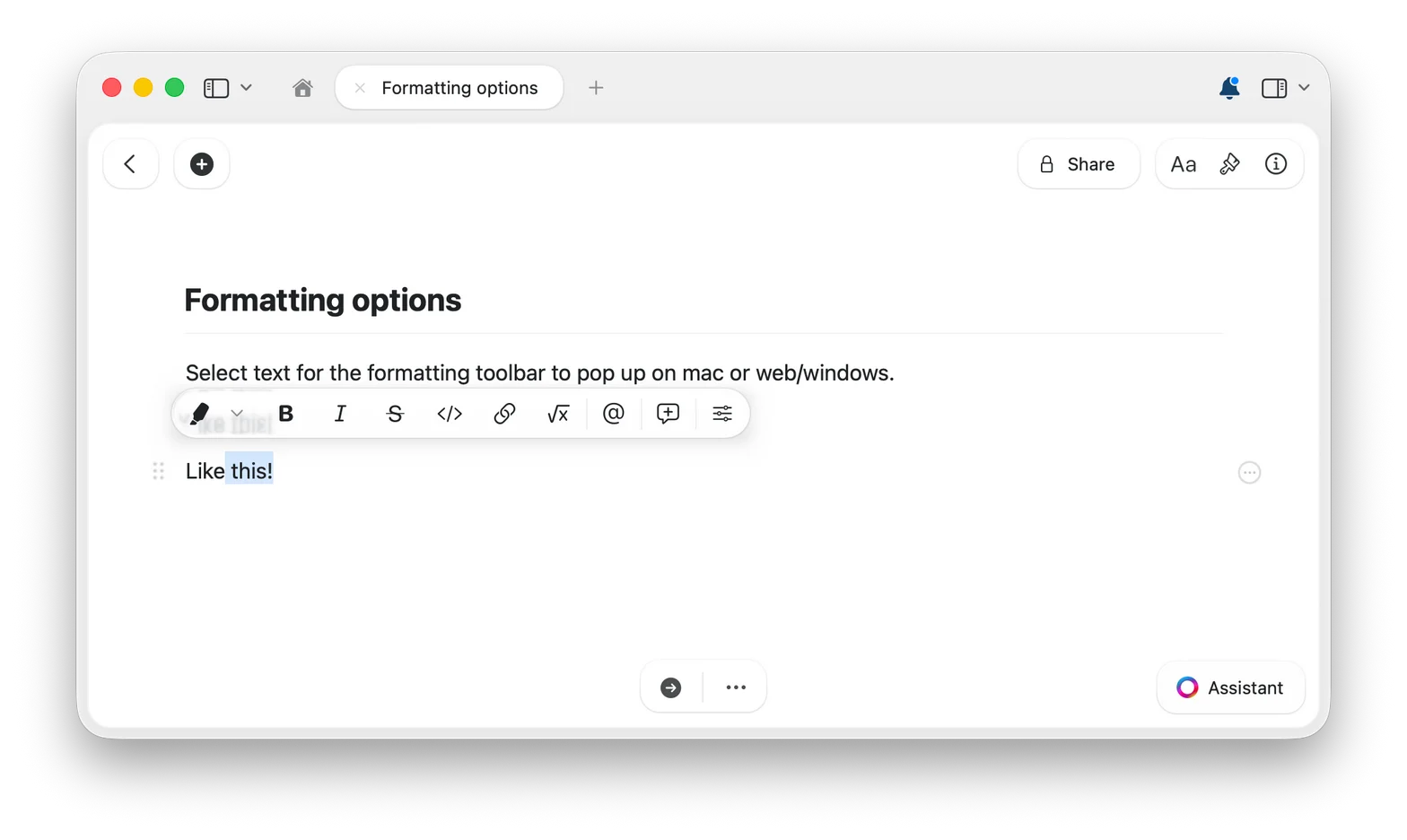 Formatting toolbar appearing above selected text