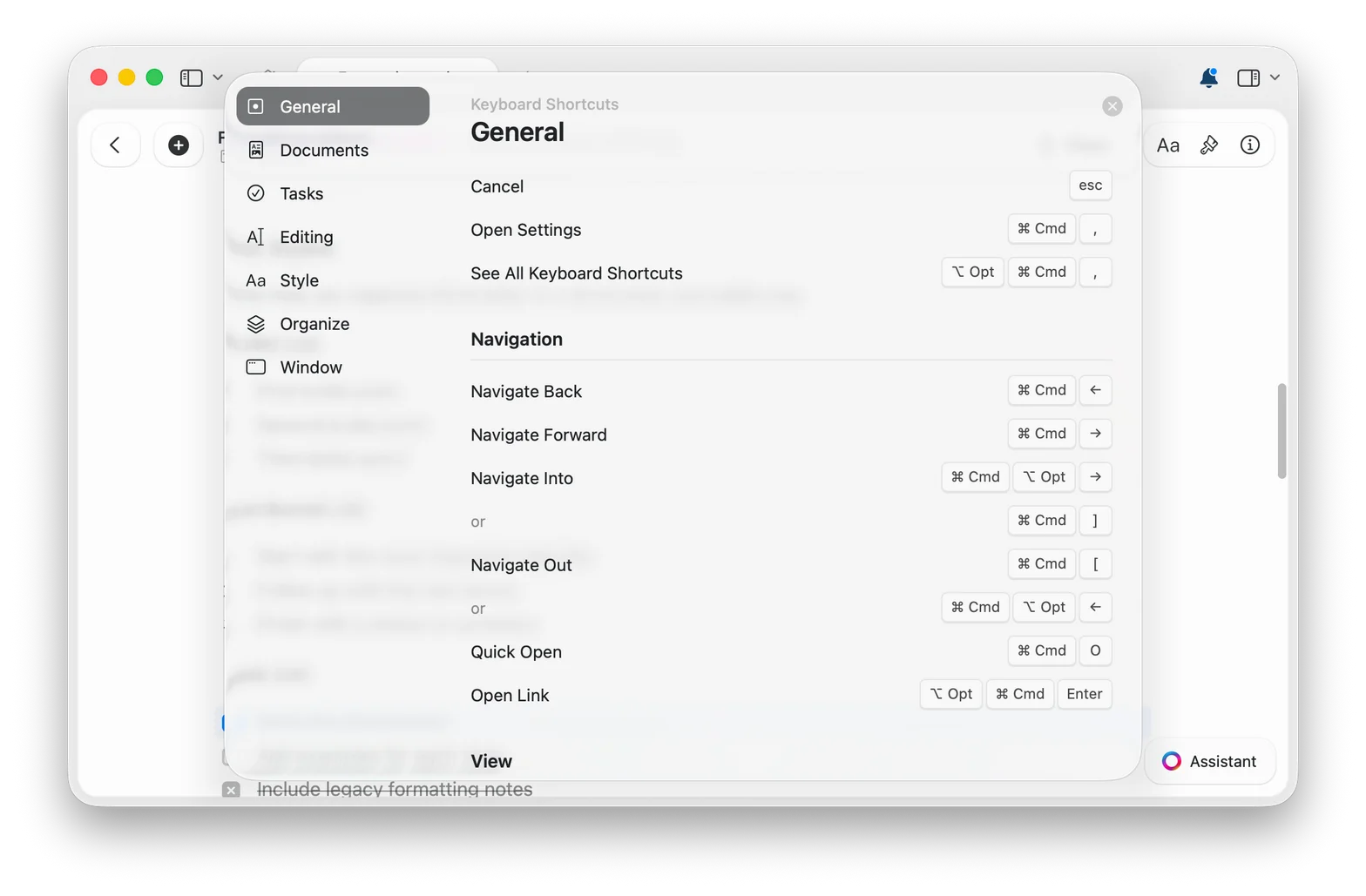 Keyboard shortcuts panel in Craft