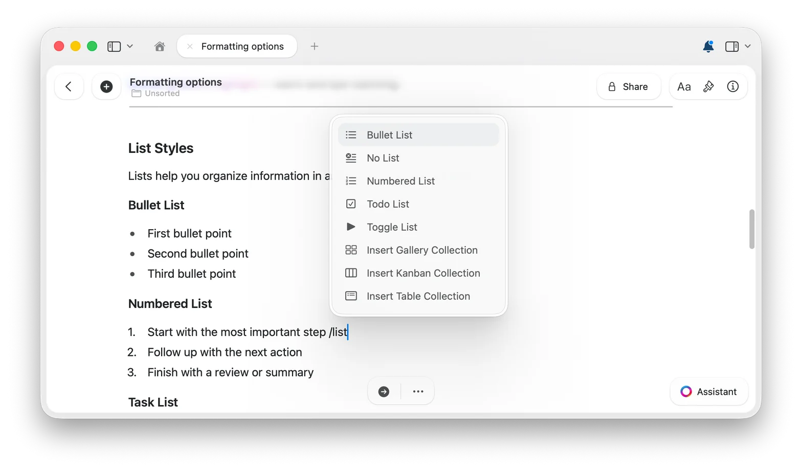Slash menu showing list commands while typing