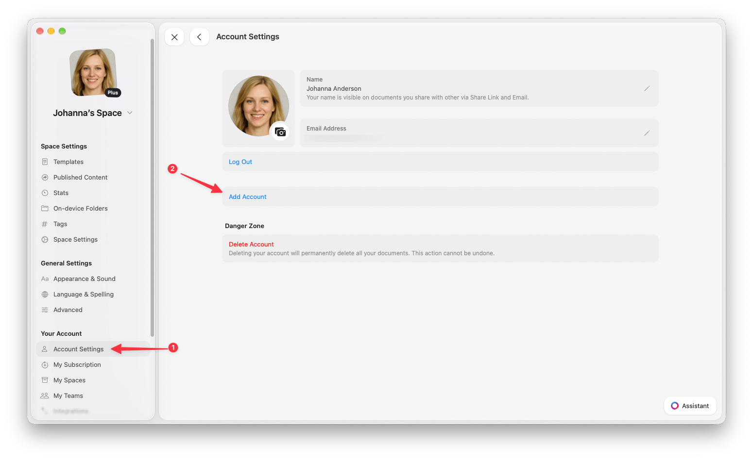 Option „Account hinzufügen" in den Kontoeinstellungen